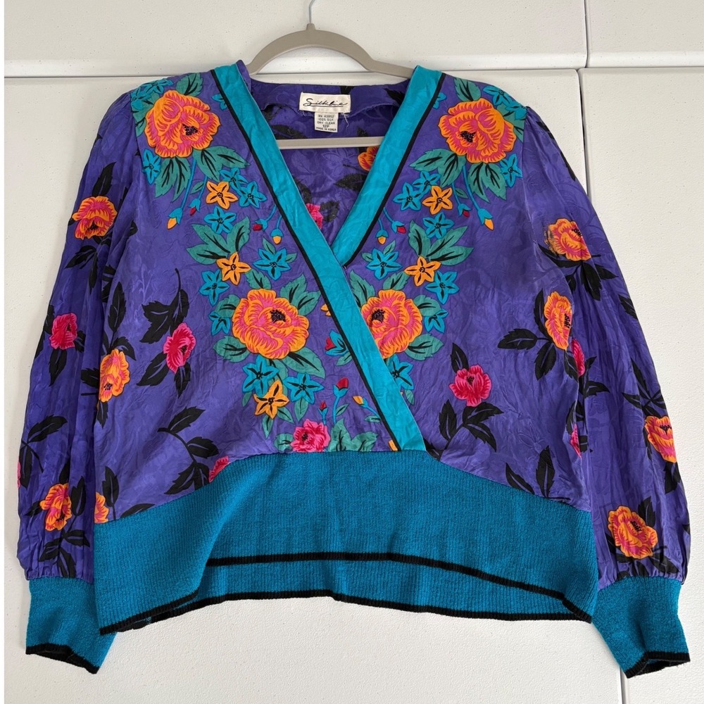 Vintage Silkline 100% Silk Floral Wrap Blouse Purple Teal 80s Padded Shoulder a5